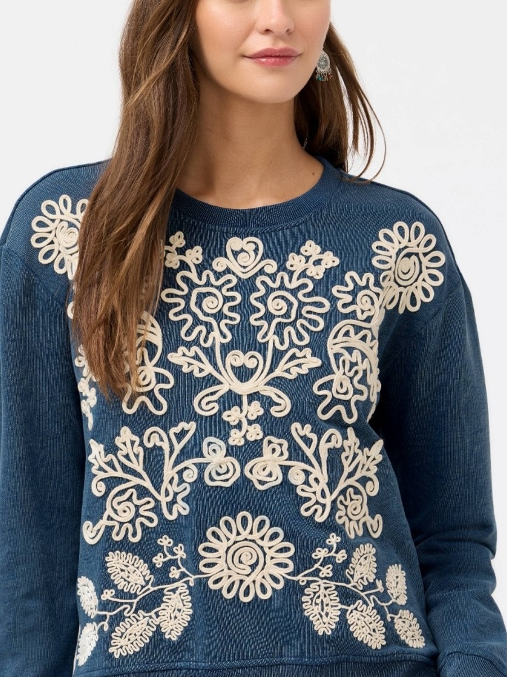 Johnny Was Sutash Sweatshirt, featuring intricate white Mariko embroidery